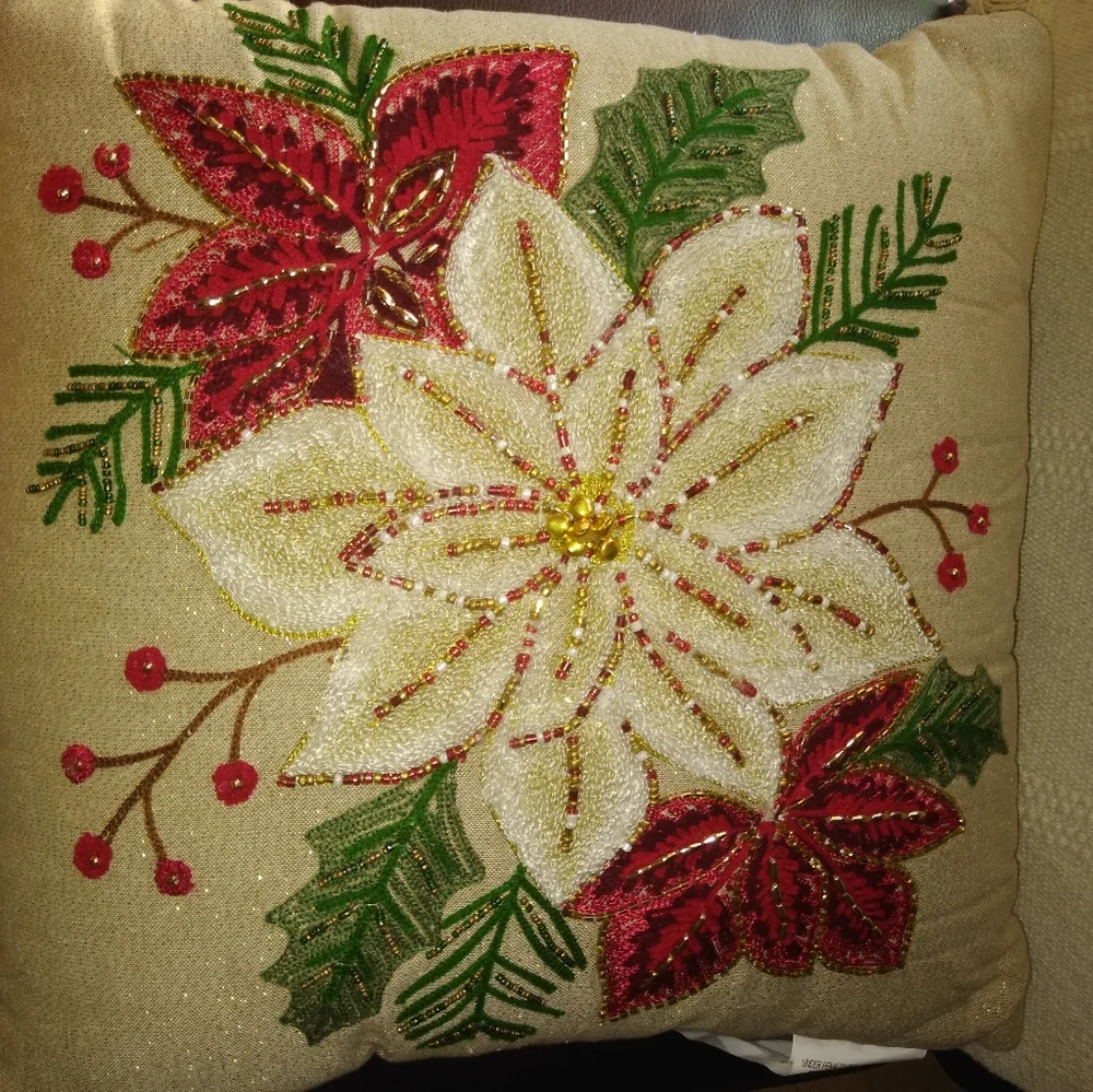 Holiday Pillow with Flower Red and Green Accents 19